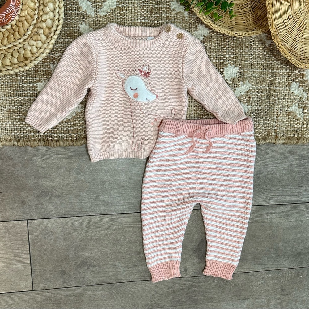 New Rene Rofe Baby Girl Chunky Knit Boho Reindeer Sweater Pants Set 3-6 Months